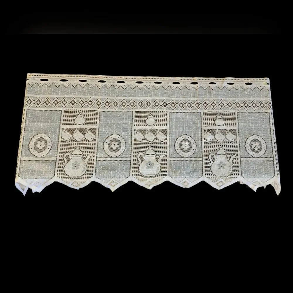 Vintage french jacquard white lace table runner w/coffee pot and cup design